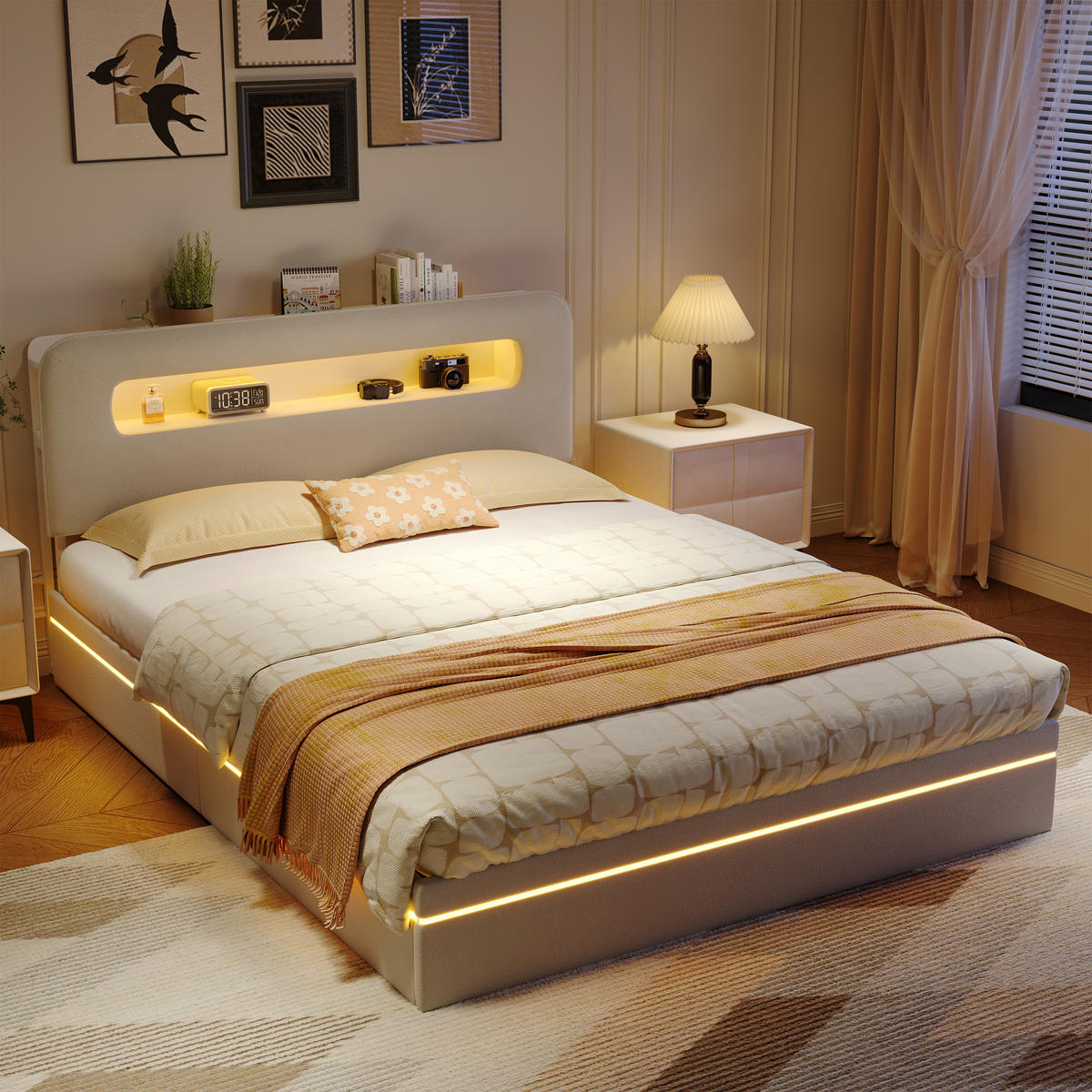 POLSTERBETT 140/200 cm Beige mit hydraulischem Stauraum, LED-Kopfteil mit Ablage und USB-Anschluss - Beige, Metall (140/200cm) - EuroLiving