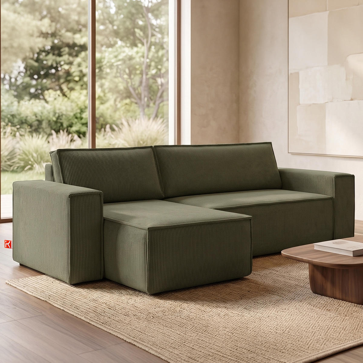 ECKSOFA-LINKS/RECHTS NAPI Schlaffunktion mit Cordbezug, grün - Schwarz/Olivgrün, Textil (262/148cm) - KONSIMO®