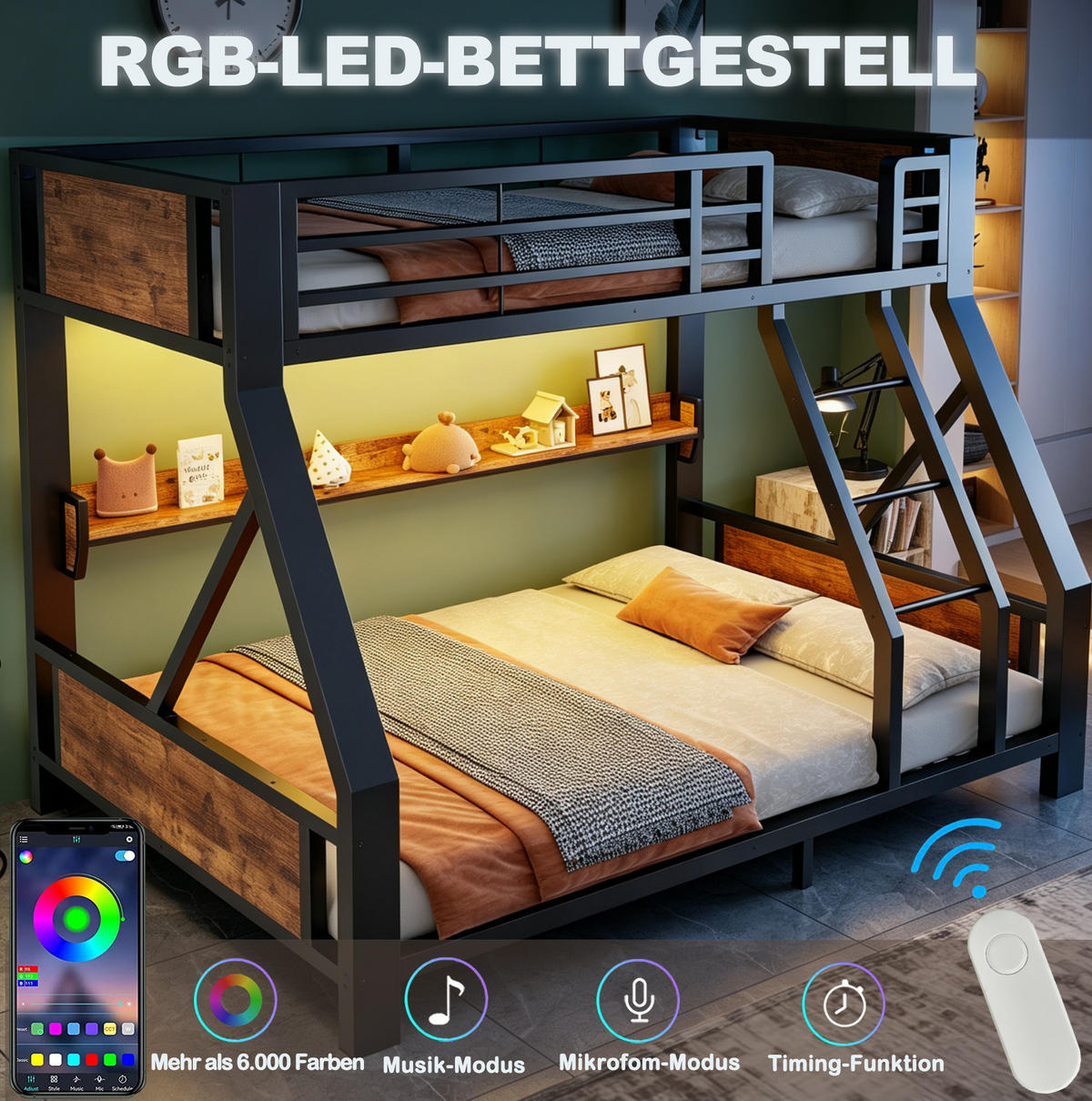 ETAGENBETT aus Metall 90x200 / 140x200 cm Schwarz mit LED-Beleuchtung und Ablagefach - Schwarz, Metall (90/200cm) - Modfu
