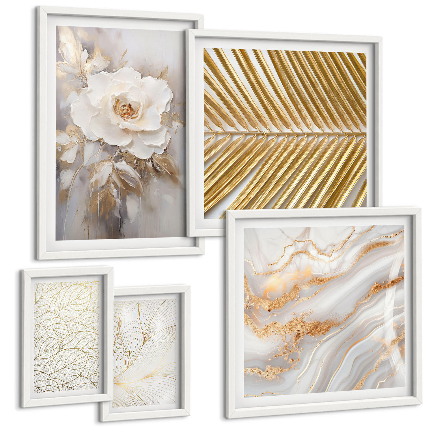 BILDER SET 5er Set - 50x50 cm & 20x30 cm & 40x60 cm Weißer Rahmen - Abstrakte Katzenmalereien - Weiß, Kunststoff (40/60cm) - TULUP