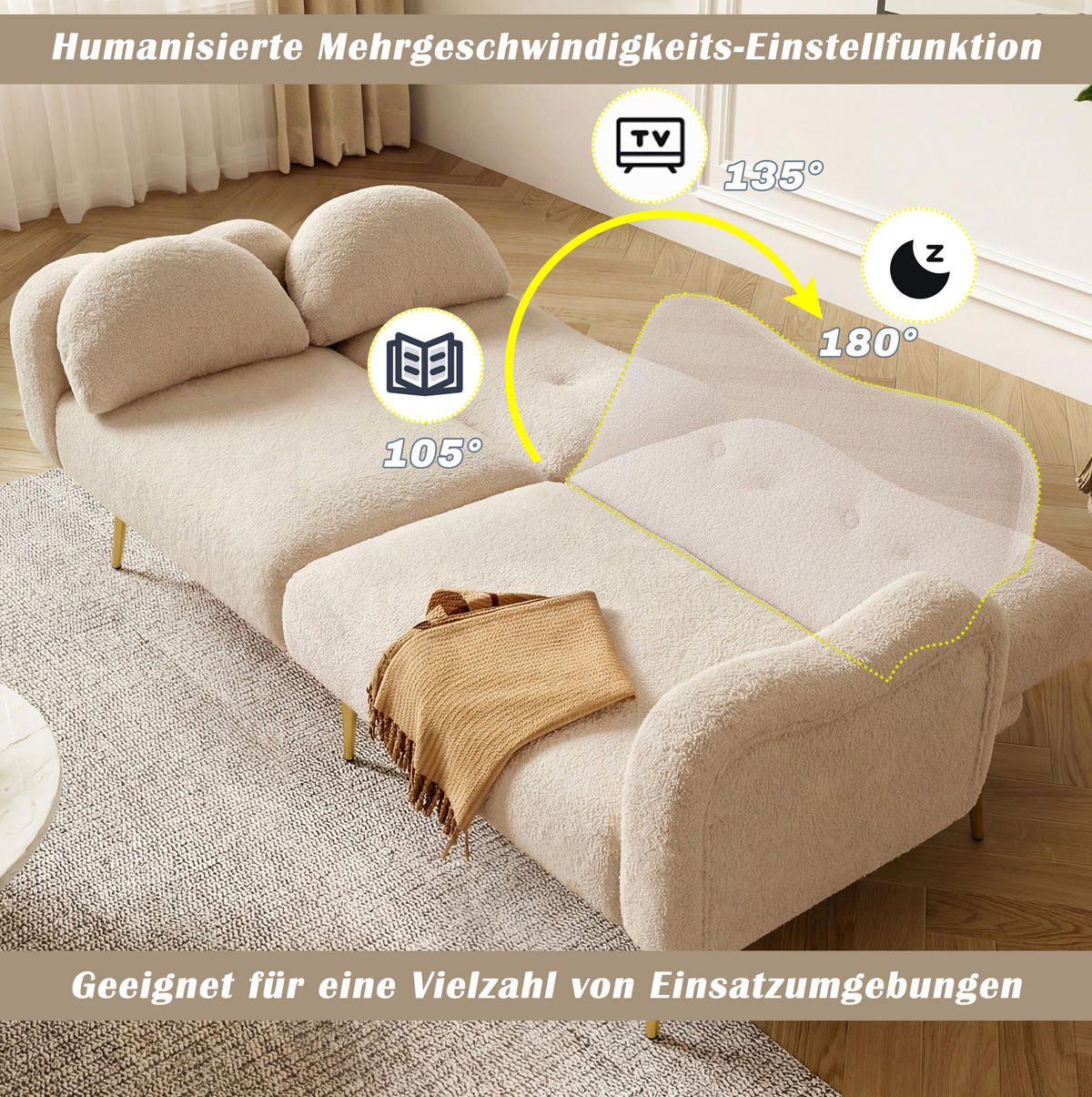 SOFABETT Zweisitzer Wollmisch-Bezug mit verstellbarer Rückenlehne Beige 175/79/82 cm - Beige, Textil (79/82/175cm) - Redom