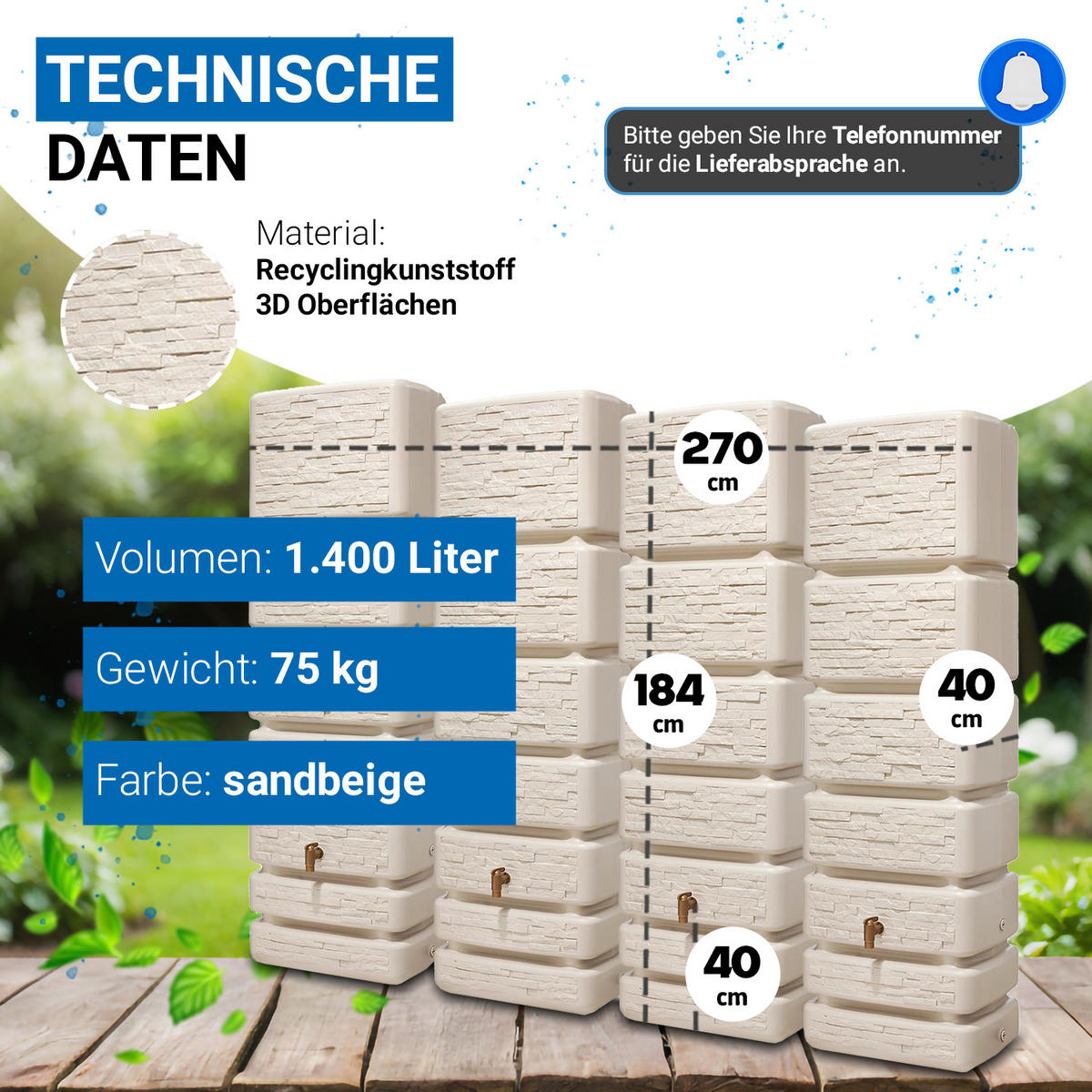 WANDTANK Komplett-Set 1400 L sandbeige 4 x 350 L inkl. Verbindungsset, Kunststoff-Auslaufhahn und Fallrohranschluss - Beige, Kunststoff (270/184/39cm) - 4rain