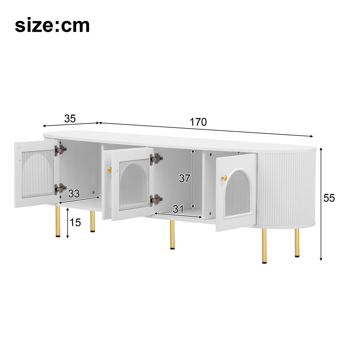 TV-SCHRANK aus MDF 170x35x55 cm Weiß/Gold mit 4 Glastüren, Kabelführung und Dämpfungsscharnieren - Weiß, Holzwerkstoff (170/55/35cm) - Modfu