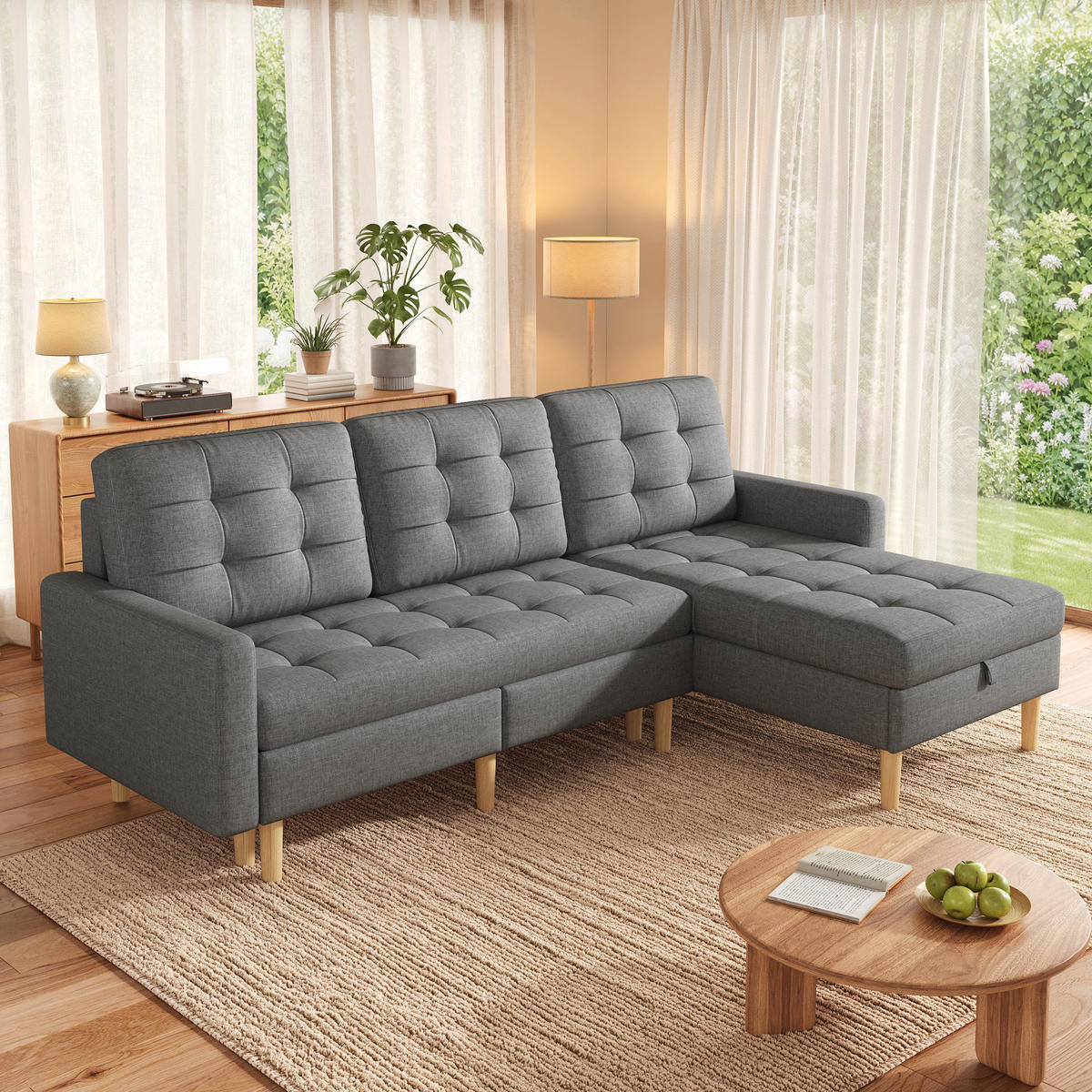 ECKSOFA L Form Stauraum Chaiselongue 3 Sitzer Grau 212cm - Grau, Textil (212/130cm) - FLIEKS