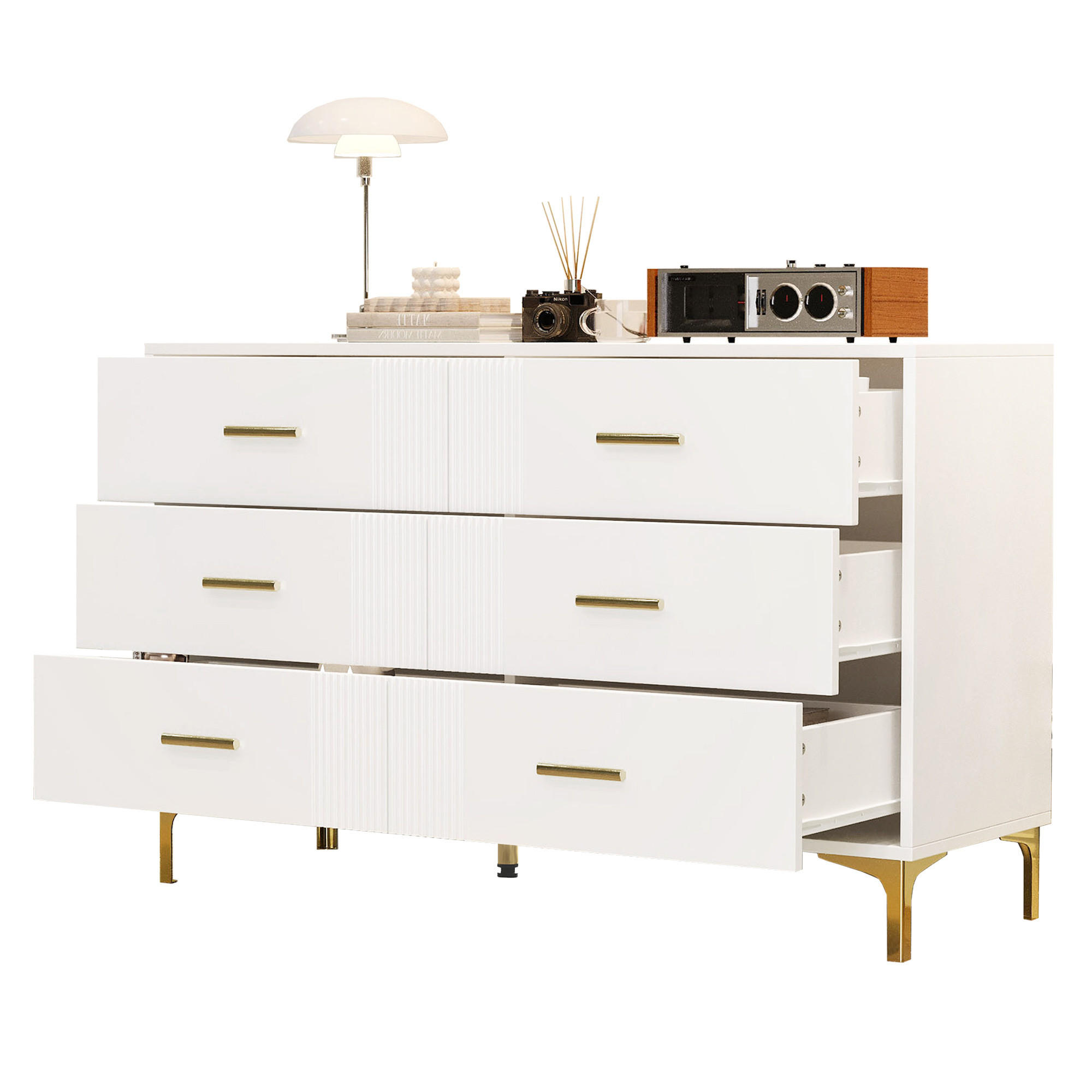 SIDEBOARD in Weiß Kommode mit 6 Schubladen, mit viel Stauraum, für Wohnzimmer & Schlafzimmer, B120/T40/H76cm - Goldfarben/Weiß, Holzwerkstoff/Metall (120/76/40cm) - STILVORA