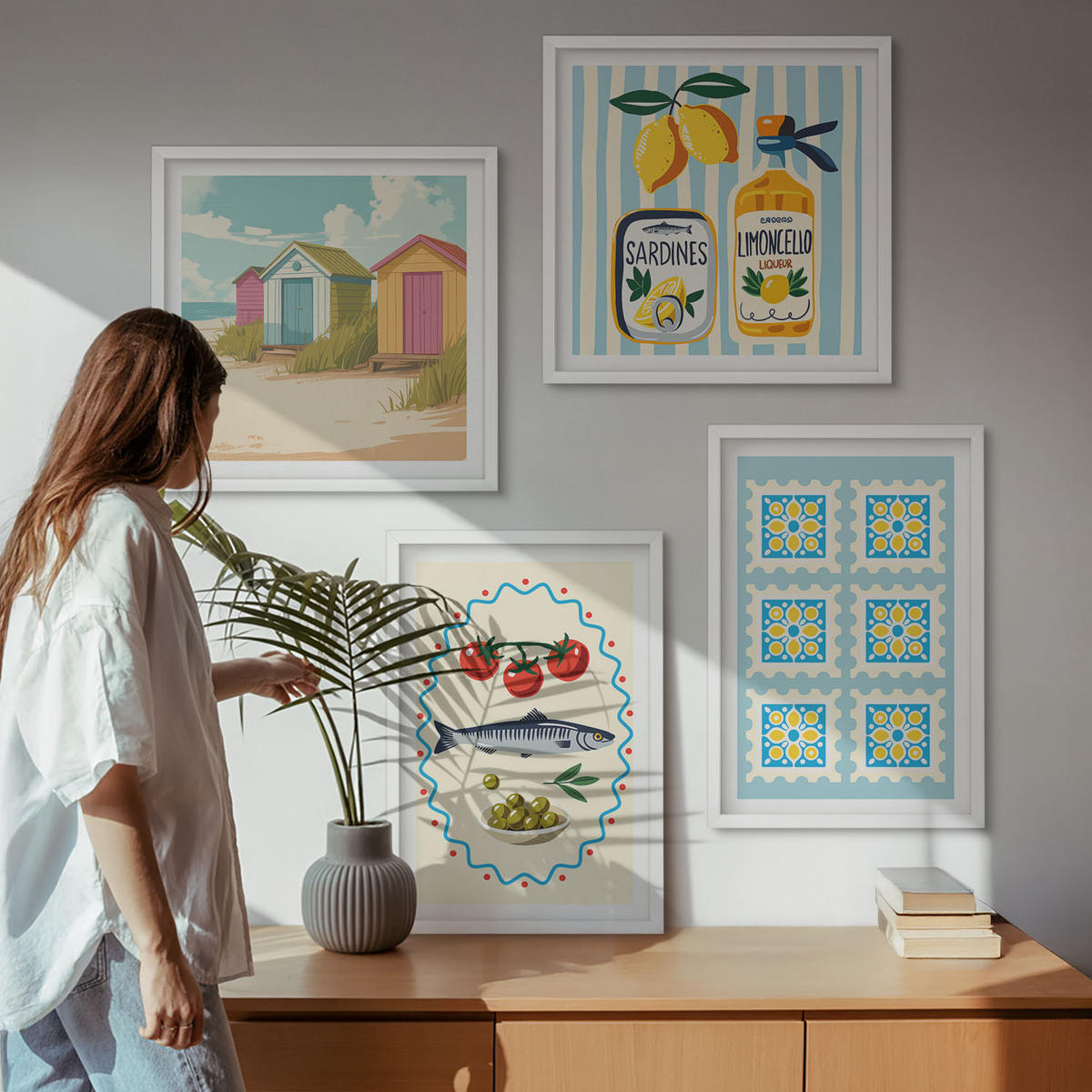 BILDER SET 4er Set - 50x50 cm & 40x60 cm Weißer Rahmen - Illustrationen der mediterranen Küche - Weiß, Kunststoff (50/50cm) - TULUP