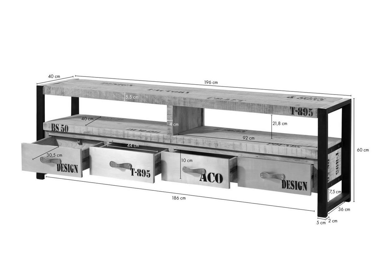 TV-BOARD Mango 196x40x60 natur bedruckt FACTORY #130 - Naturfarben, Holz (196/60/40cm) - Massivmoebel24