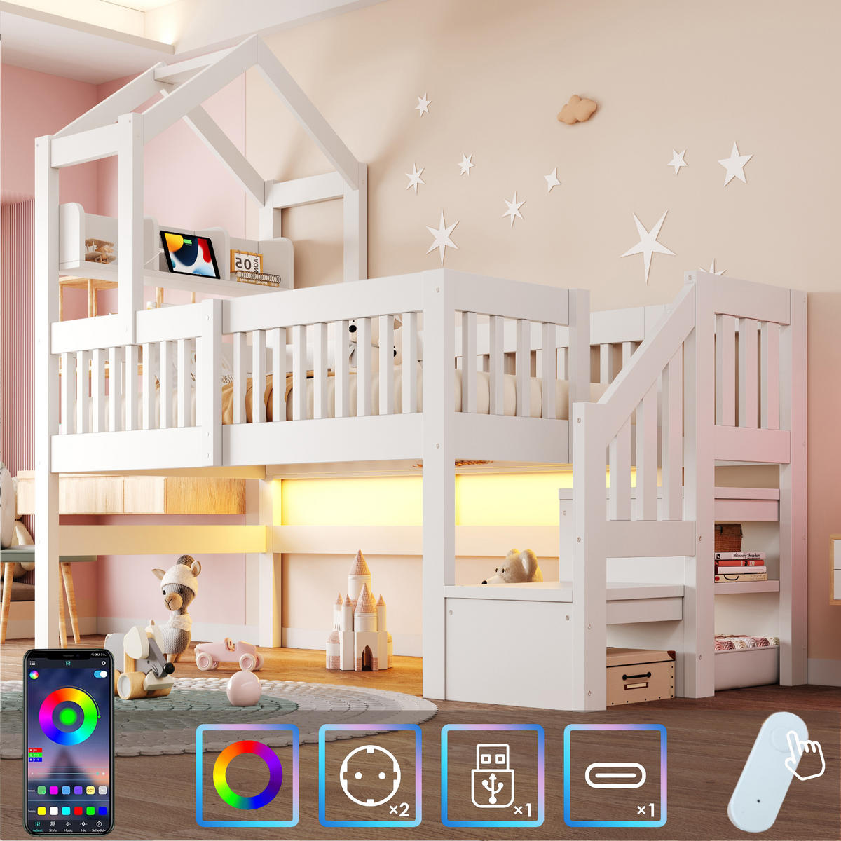 KINDER-HOCHBETT 90 x 200 cm mit Dach, USB und LED, Weiß - Weiß, Holz (90/200cm) - FLIEKS
