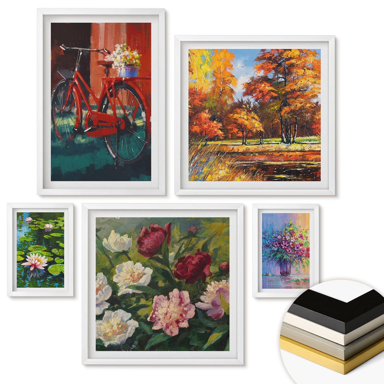 WANDBILDER 5er-Set - 50x50 cm & 20x30 cm & 40x60 cm Weißer Rahmen - Seerosen, Fahrradblumen - Weiß, Kunststoff (40/60cm) - ArtPrintCave
