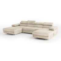 WOHNLANDSCHAFT LYKKE Creme Velours-Stoff mit Schlaffunktion - Creme, Holz (353/90/202cm) - MASSENO