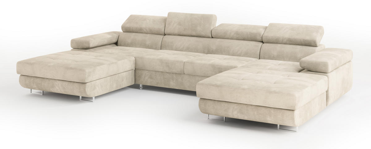 WOHNLANDSCHAFT LYKKE Creme Velours-Stoff mit Schlaffunktion - Creme, Holz (353/90/202cm) - MASSENO