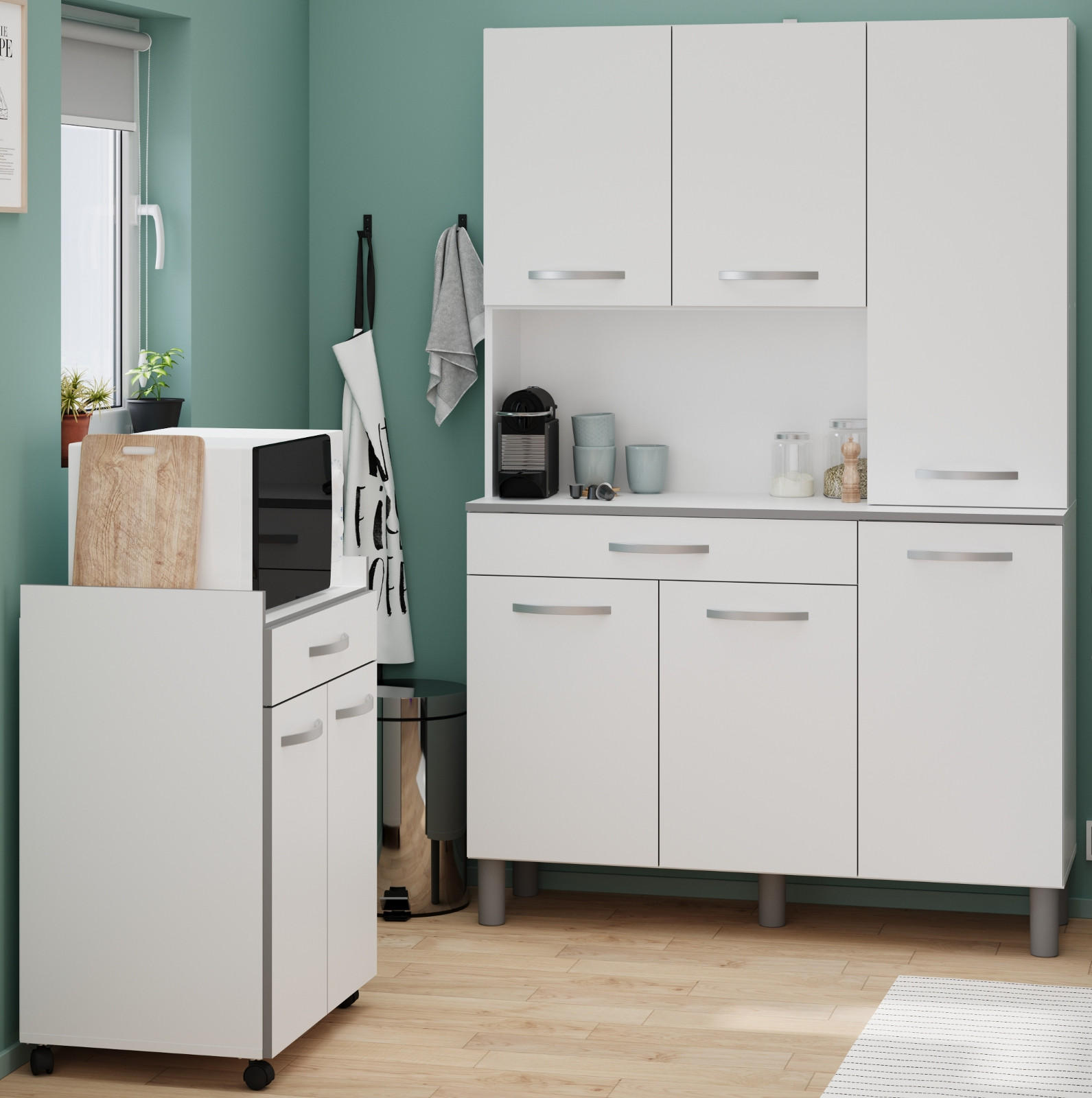 MINIKÜCHE Set 2-tlg. weiß, grau mit Buffet und Mehrzweckschrank - Multicolor, Holzwerkstoff (180/181/44cm) - Parisot Meuble