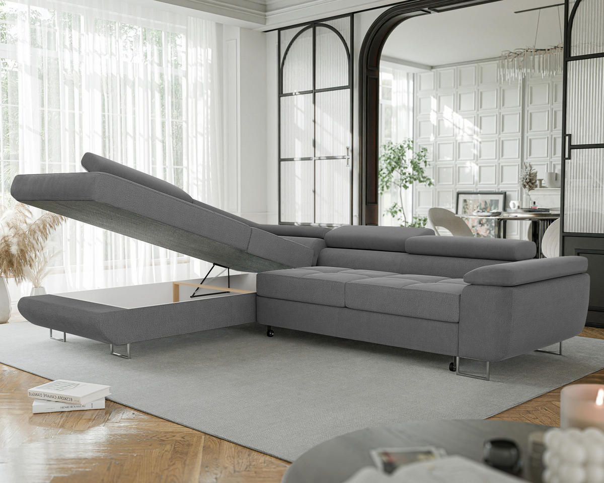 ECKSOFA ANTON mit Schlaffunktion und Bettkasten Dunkelgrau - Dunkelgrau, Holzwerkstoff/Kunststoff (274/203cm) - Idohome