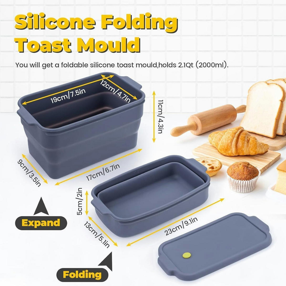BROTBACKFORM Silikon faltbar mit Deckel 2000 ml - Anthrazit, Kunststoff (19/11/19cm)