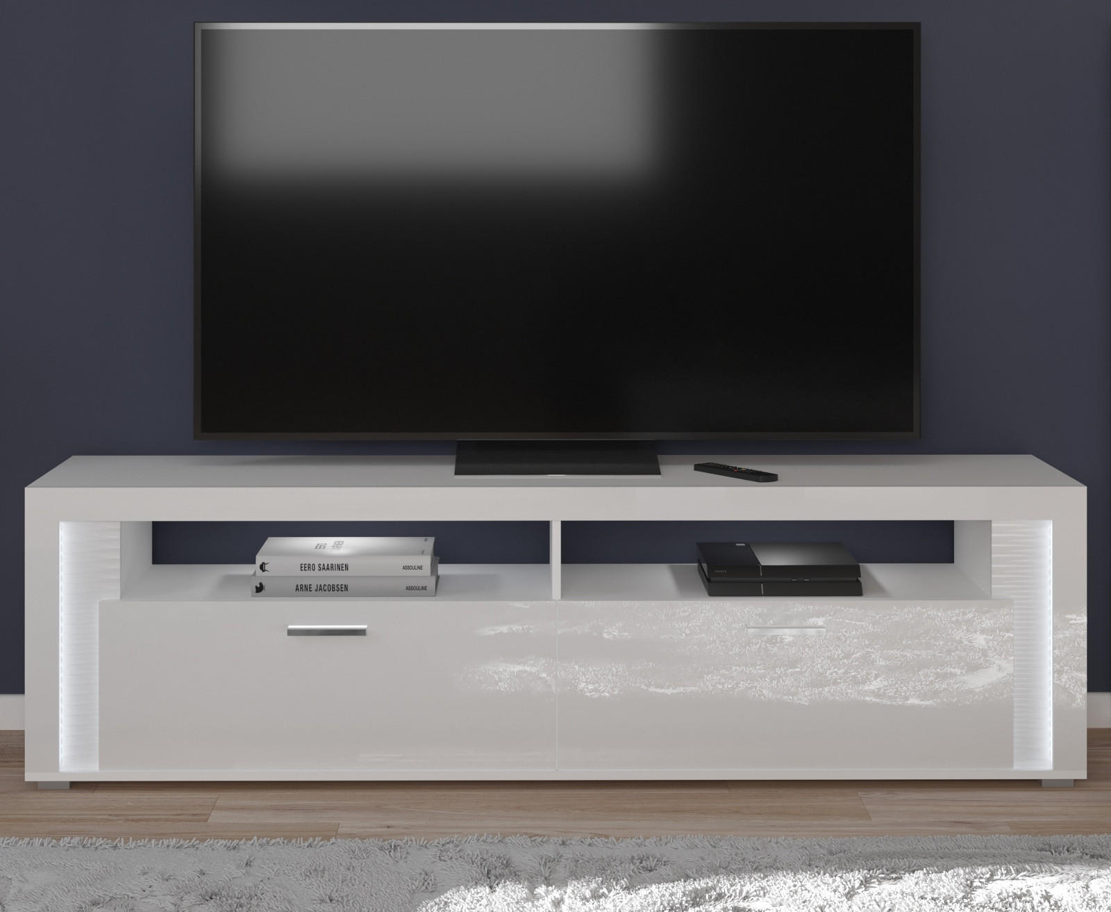 TV-LOWBOARD weiß Hochglanz, Flat-TV Board 200 cm, inkl. Beleuchtung - Weiß Hochglanz/Silberfarben, Holzwerkstoff/Kunststoff (204/58/46cm) - Inn.Furn