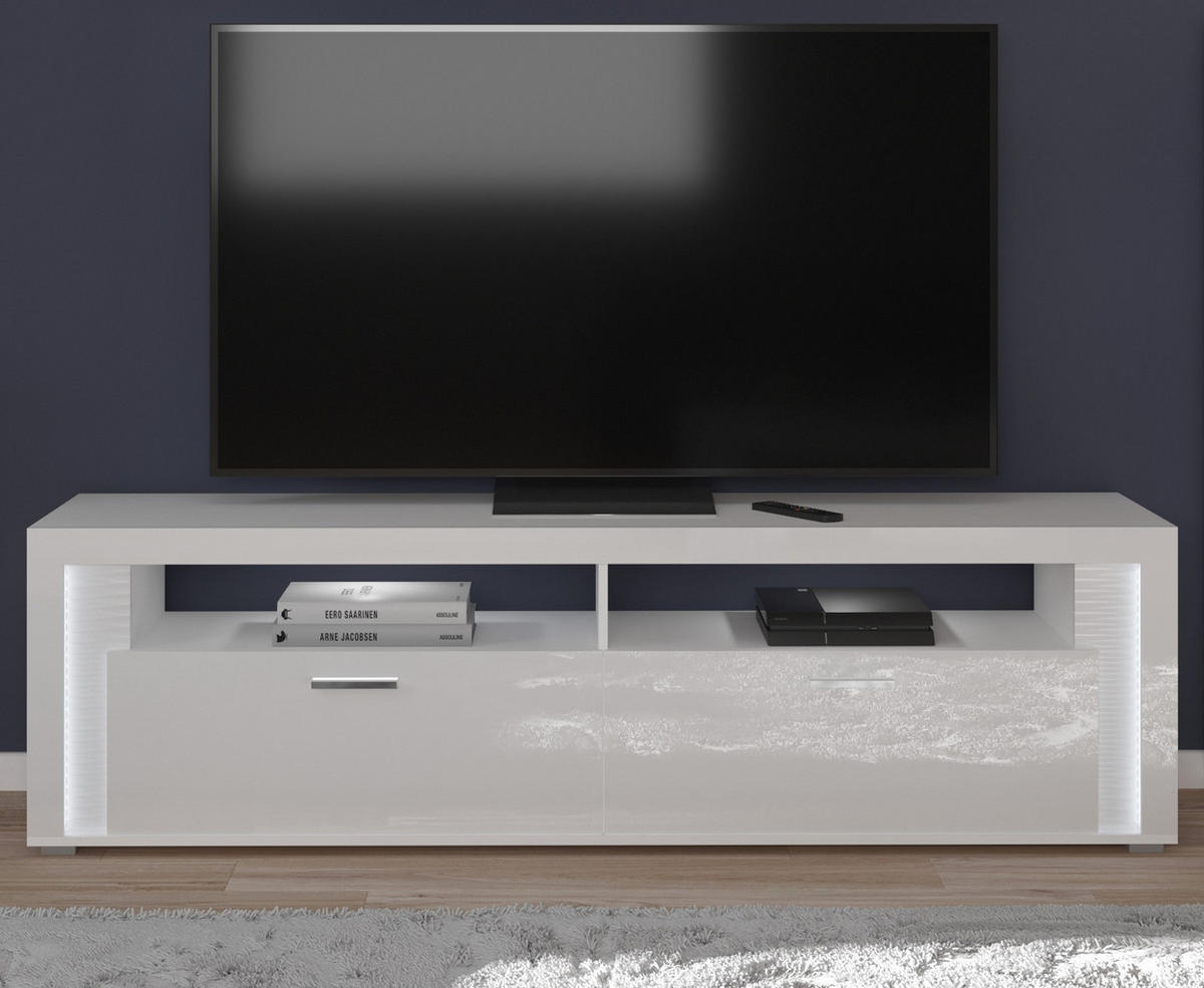 TV-LOWBOARD weiß Hochglanz, Flat-TV Board 200 cm, inkl. Beleuchtung - Weiß Hochglanz/Silberfarben, Holzwerkstoff/Kunststoff (204/58/46cm) - Inn.Furn