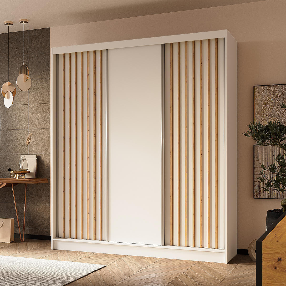 SCHWEBETÜRENSCHRANK LAMELLO 180/216/61 cm 3-türig Weiß - Weiß, Holzwerkstoff (180/216/61cm) - MASSENO