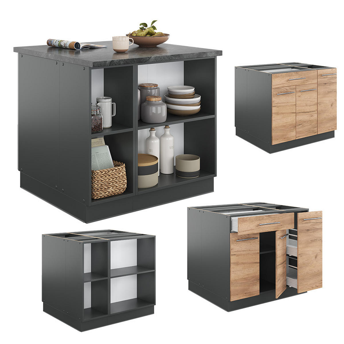 KÜCHENINSEL Fame-Line Goldkraft Eiche/Anthrazit 90 cm mit Schublade ohne AP - Honigeiche/Anthrazit, Holzwerkstoff (90/82/60cm) - Vicco