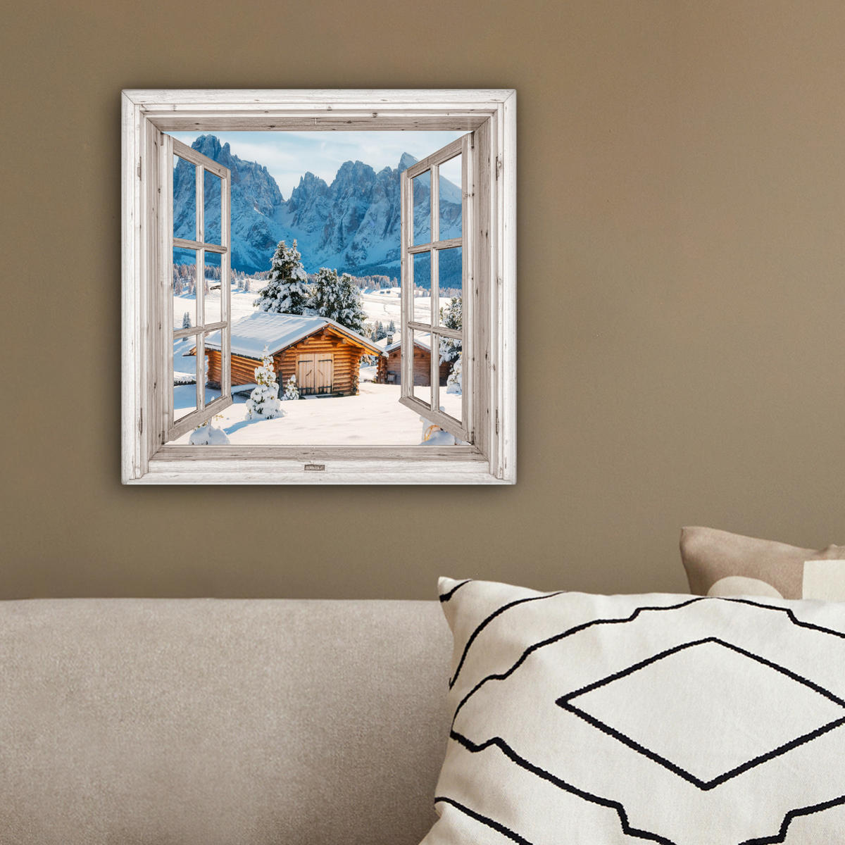 LEINWANDBILD Winterlandschaft - Hütte - Berge - Ausblicke - Aussicht - Natur 20x20 cm - Weiß Hochglanz, Textil (20/20cm) - MuchoWow