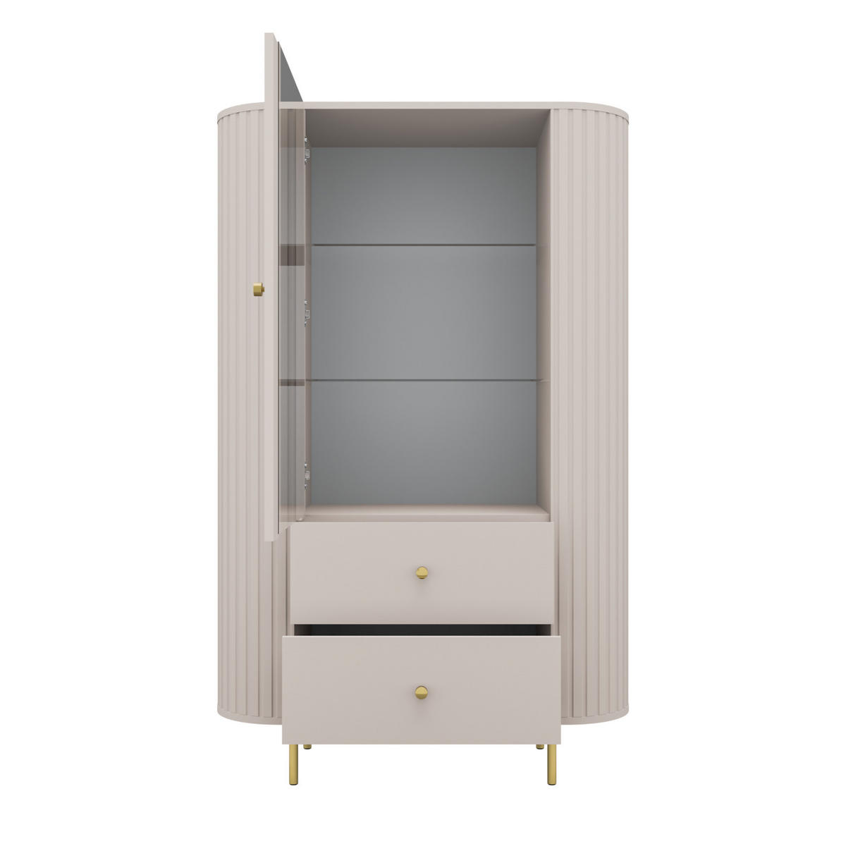 VITRINE Olivia 97 cm, mit Glastüren, 2 Schubladen und geriffeltem Design, kaschmir und goldfarbenen Metallfüßen - Kaschmir, Metall (97/155/43cm) - Margaret Hadas24