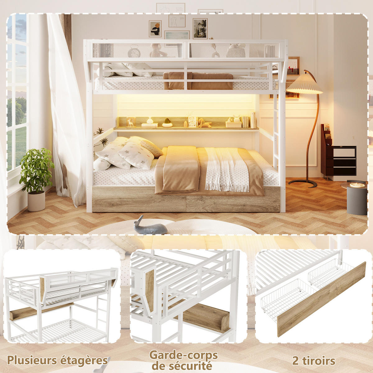 ETAGENBETT 140/200 cm aus Metall und MDF mit LED-Licht und Stauraum Weiß - Weiß, Holzwerkstoff (140/200cm) - Modenvie