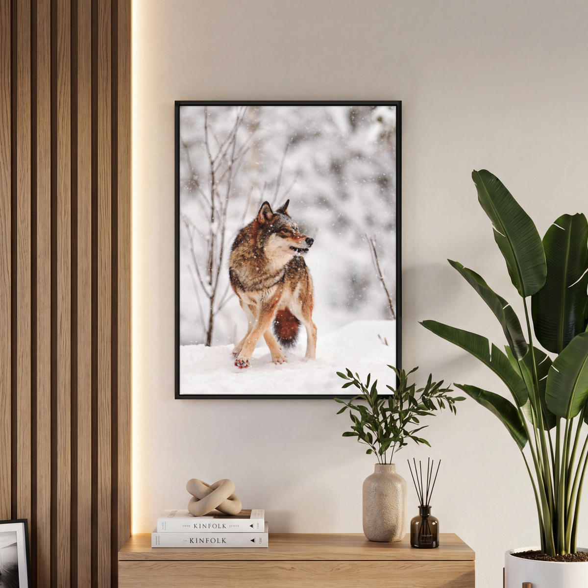 LEINWAND Bilder mit Rahmen - Wolf - Winter - Schnee - Natur - Tiere - 50x70 - Haselnussfarben, Textil (50/70cm) - MuchoWow