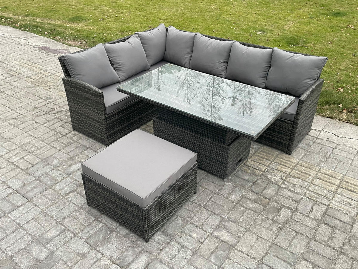 GARTENMÖBEL SET Polyrattan 7-Sitzer - Dunkelgrau/Grau, Glas/Kunststoff - Fimous