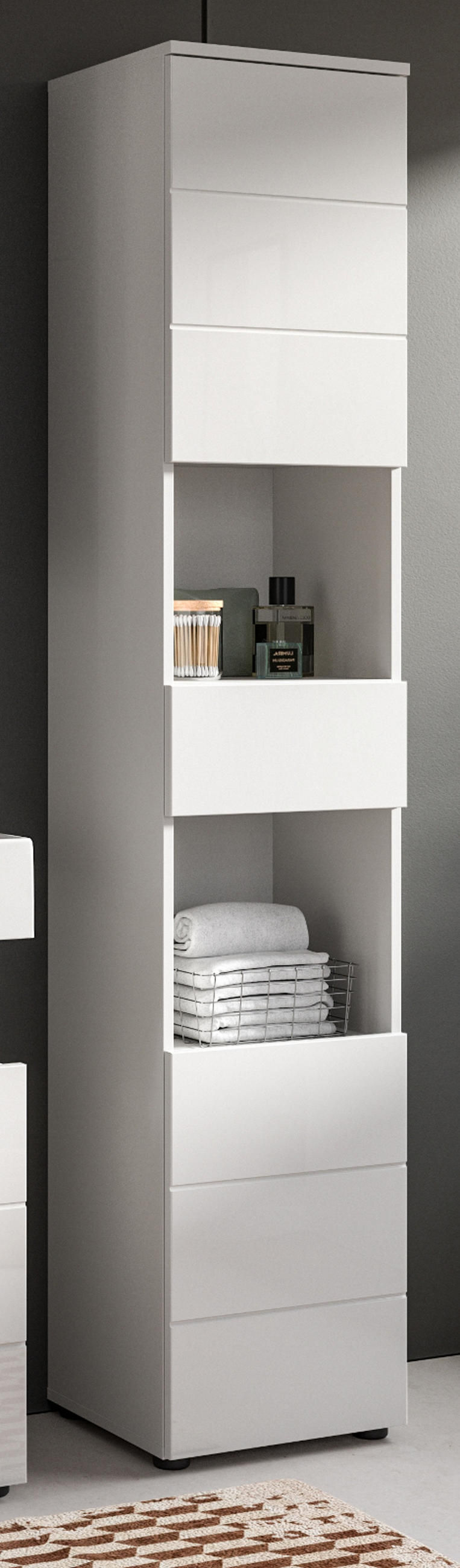 BADSCHRANK weiß Hochglanz 38 x 190 cm, Hochschrank mit viel Stauraum - Weiß Hochglanz/Schwarz, Holzwerkstoff/Kunststoff (38/190/34cm) - Inn.Furn