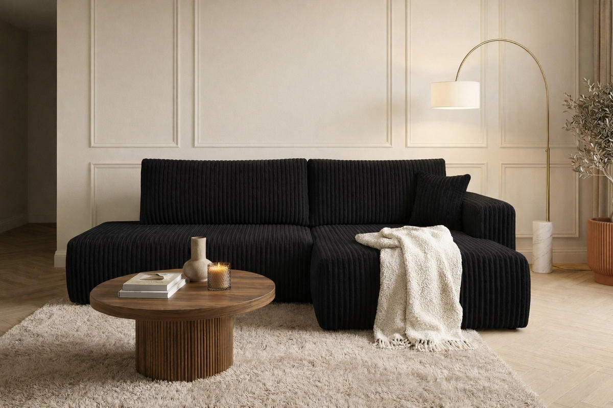 ECKSOFA Mit Schlaffunktion Und Bettkasten, Cordstoff Tilia, Schwarz, Rechts, OPEN XL - Schwarz, Holz (262/145cm) - Kaiser Möbel