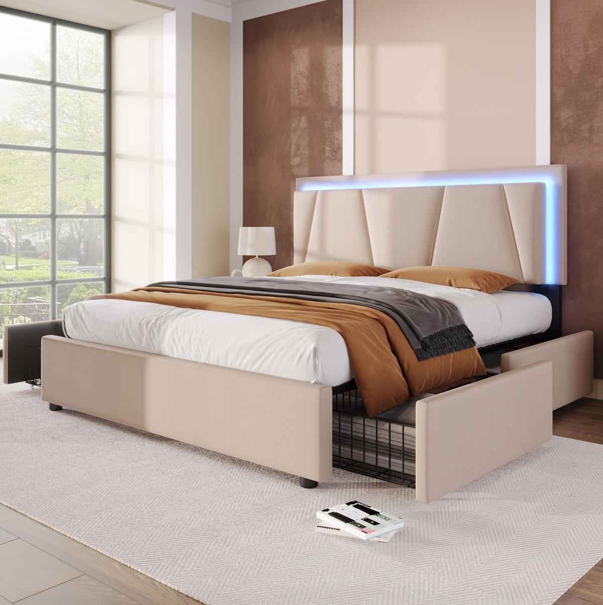 POLSTERBETT mit LED und 4 Schubladen 140x200 cm Beige - Beige, Holz (140/200cm) - Meubliv