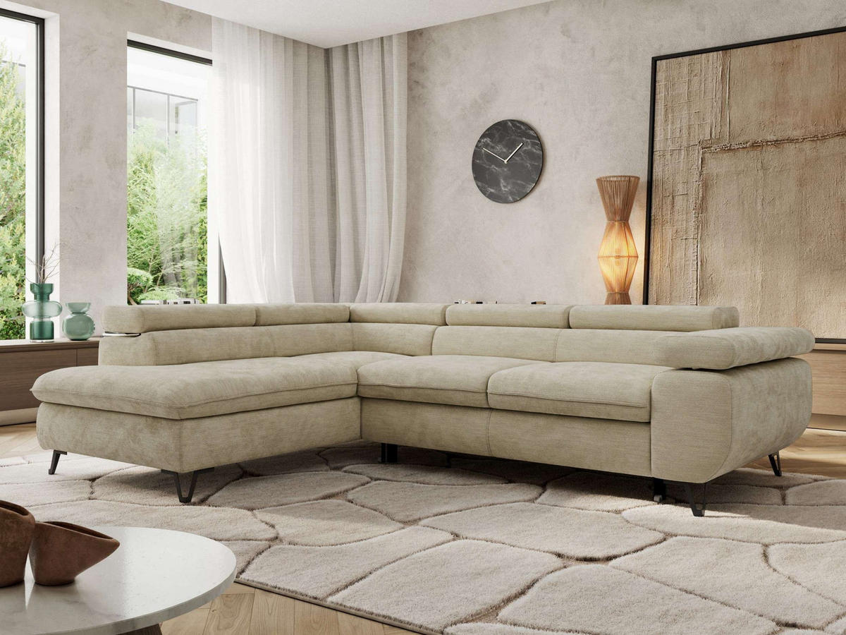 ECKSOFA PABLO L Beige Schenille glatt - Links Seite mit Visco Topper - Beige/Schwarz, Textil/Metall (208/273cm) - MKS