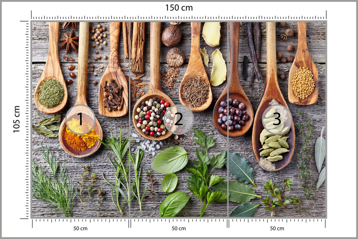 FOTOTAPETE für Küche Kräuter Gewürze Holzlöffel Tisch 150x105 - Gelb/Beige, Papier (150/105cm) - Muralo