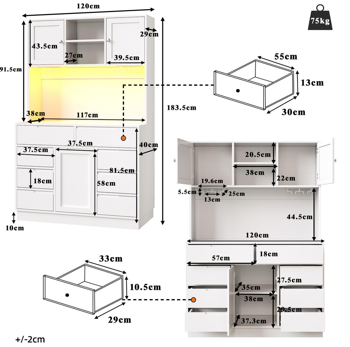 KÜCHENSCHRANK mit LED 120 x 40 x 183,5 cm MDF Weiß - Weiß, Holzwerkstoff (40/183.5/120cm) - Meubliv