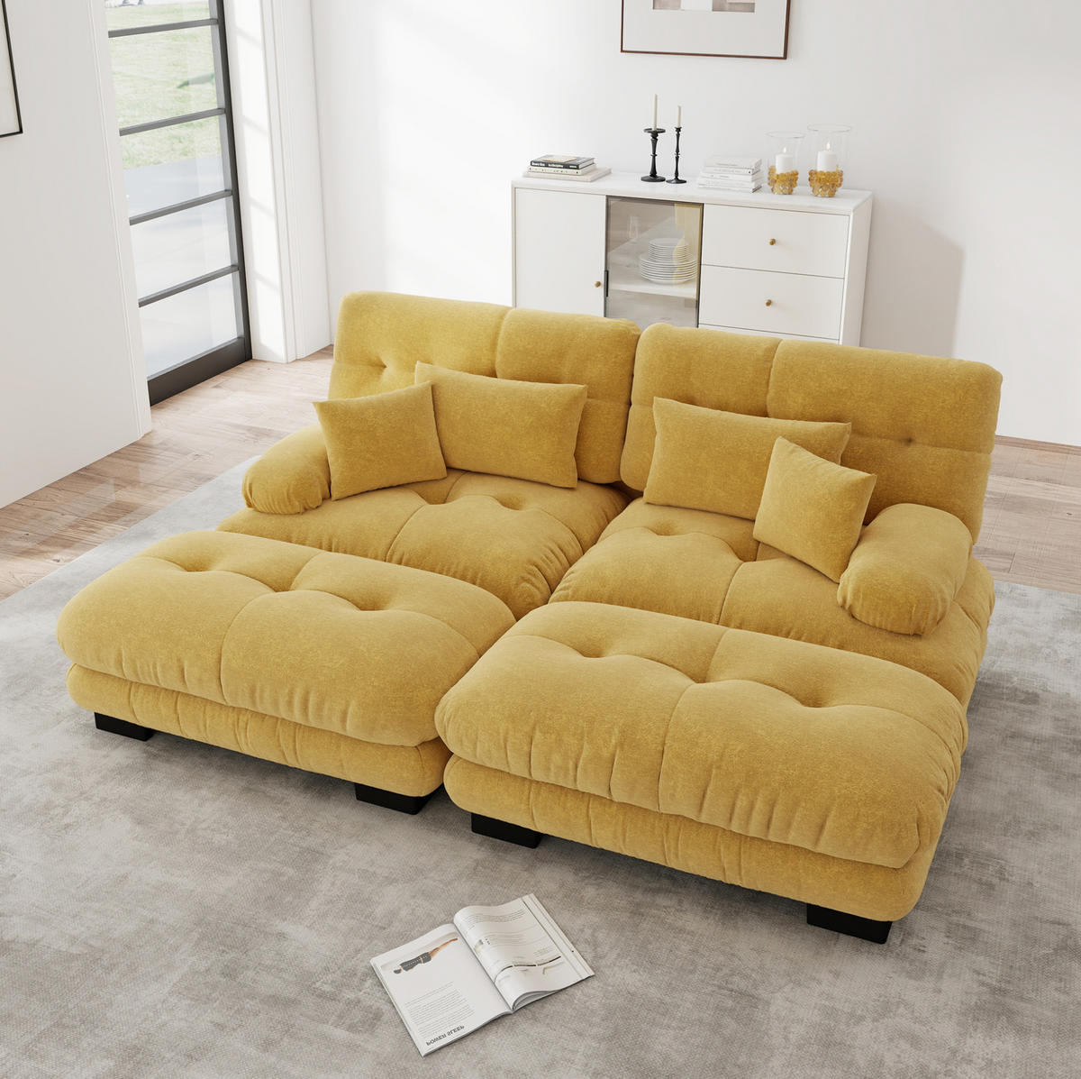 ECKSOFA 200/145/81 cm gelb aus Chenille mit 2 Ottomanen und Kissen - Gelb, Textil (145/220cm) - OKWISH
