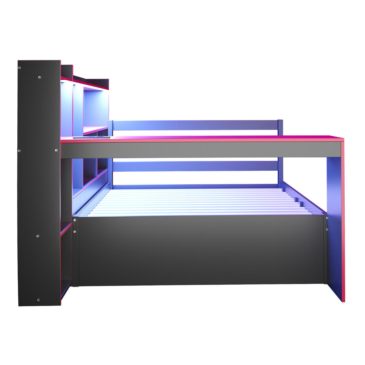 KINDERBETT 90/200 cm DE-01551, in Schwarz + Rot, mit Schreibtisch, Bücherregal und LED - Rot, Holz (90/200cm) - ComfortXL