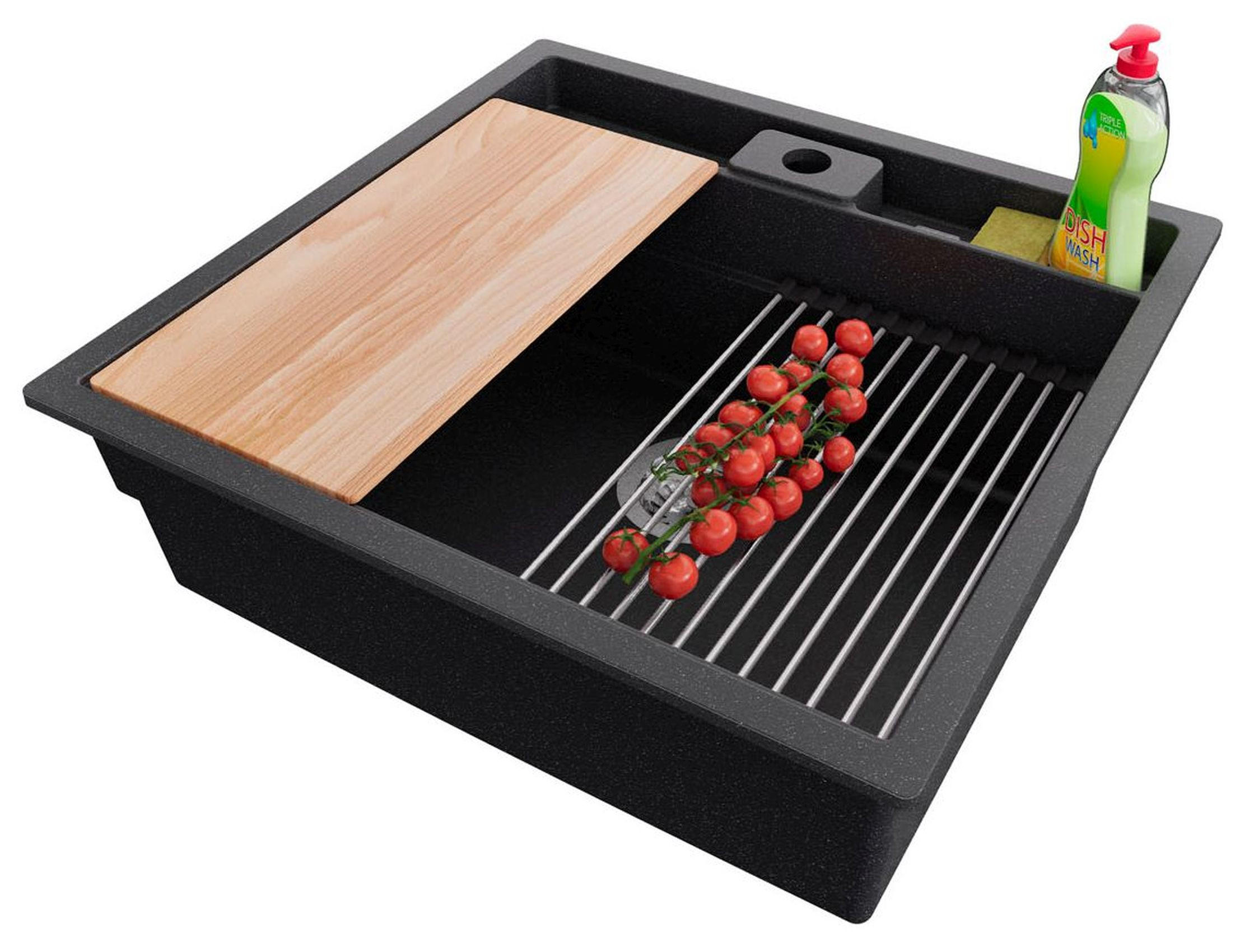 SPÜLBECKEN Bergen Pocket, 2-er set Anthrazit 56/54 cm 1 Becken + Ablauf-Set + Küchenzubehörset ab 60er Unterschrank - Chromfarben/Anthrazit, Kunststoff (56/20/54cm) - Primagran