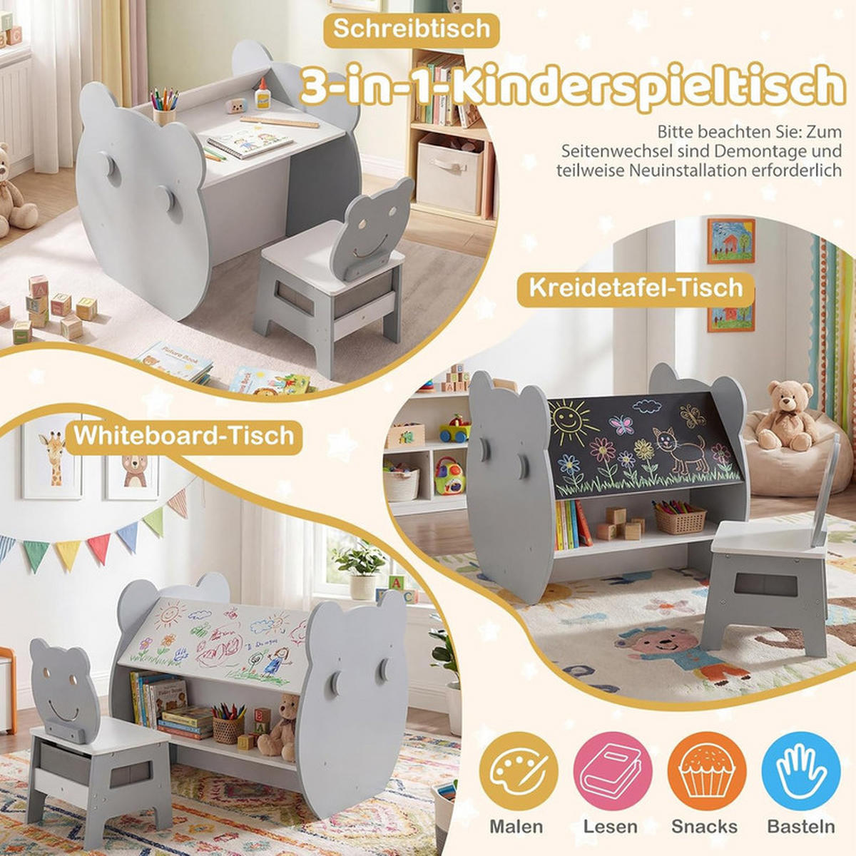 KINDERTISCH mit stuhl grau(2-tlg) - Grau, Holzwerkstoff (59.5/60/60cm) - COSTWAY