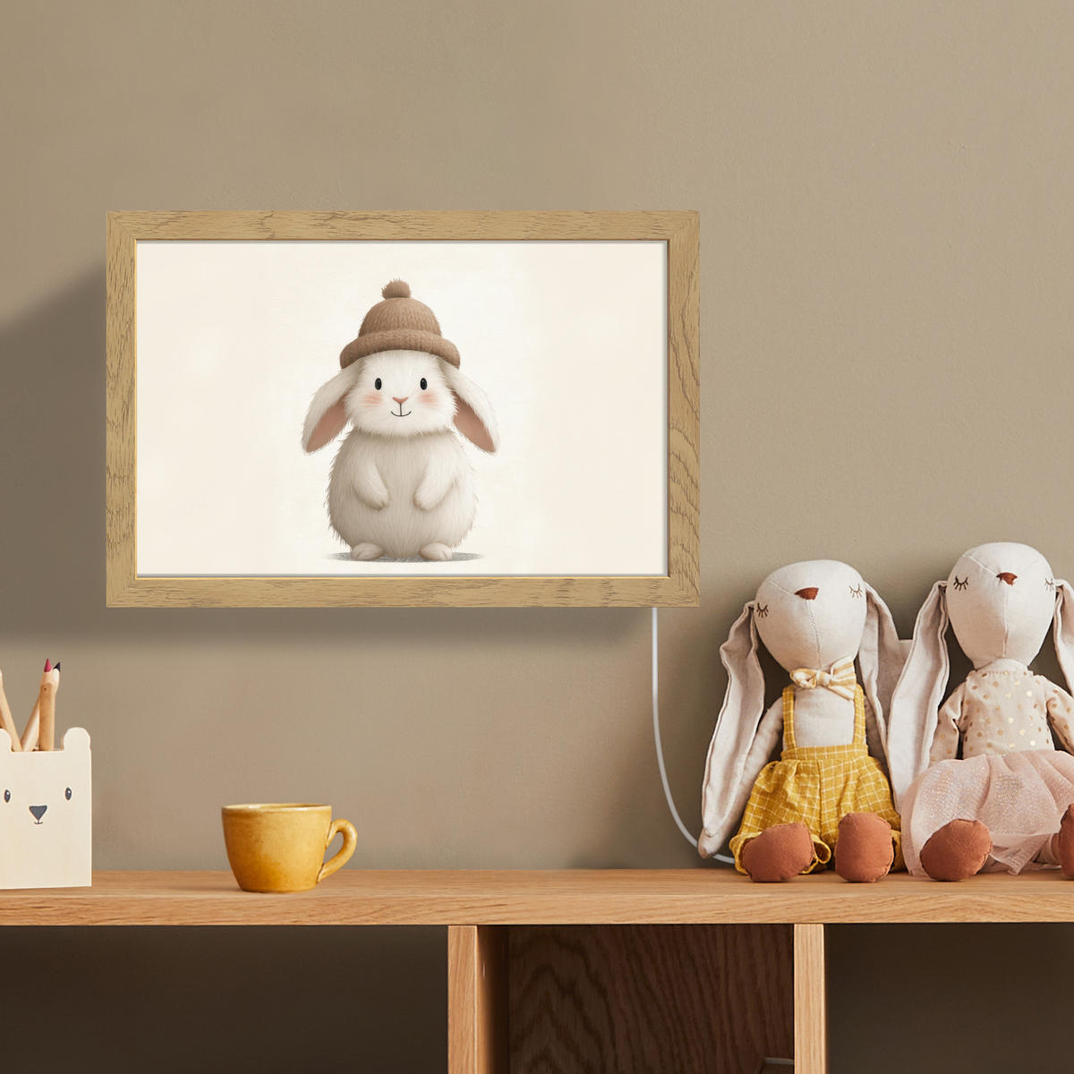 NÁSTĚNNÁ LAMPA Králík - Klobouk - Uši - béžový 30x20 cm - krémová, kompozitní dřevo (30/20/8cm) - OnlyWow