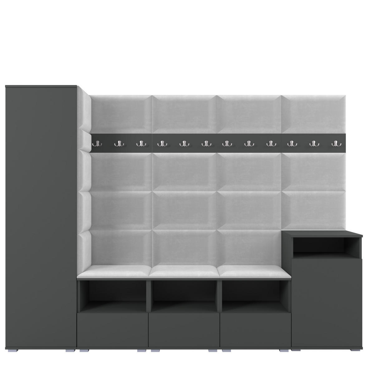 GARDEROBE NELA XI 250 cm (Modulare Flurmöbel Graphit mit Sitzpolster Hellgrau 32 Großes Set) - Silberfarben/Hellgrau, Holz/Holzwerkstoff (250/187/40cm) - Ravio