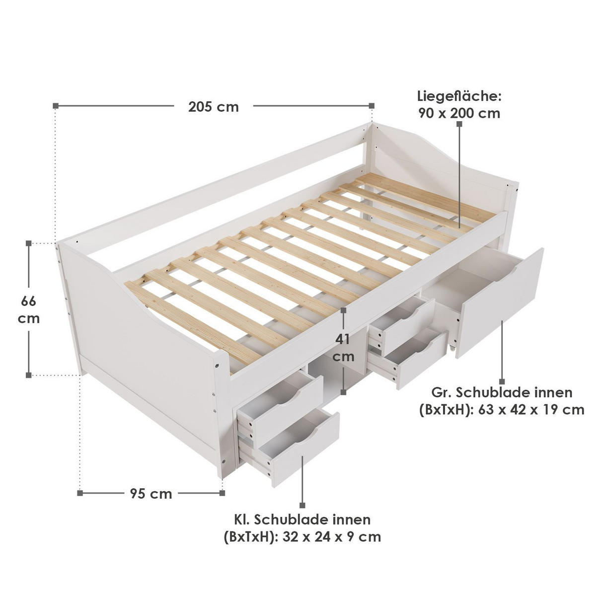 KINDER-FUNKTIONSBETT Nalu weiß 90x200 cm - Weiß, Holz (90/200cm) - Juskys