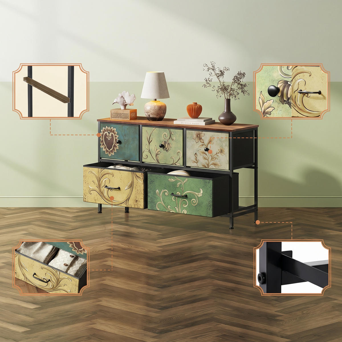 KOMMODE mit 5 Schubladen - bunte Vintage-Muster und Schwarzer Griff - Mehrfarbig - Multicolor, Metall (100/55.2/30cm) - DELFA