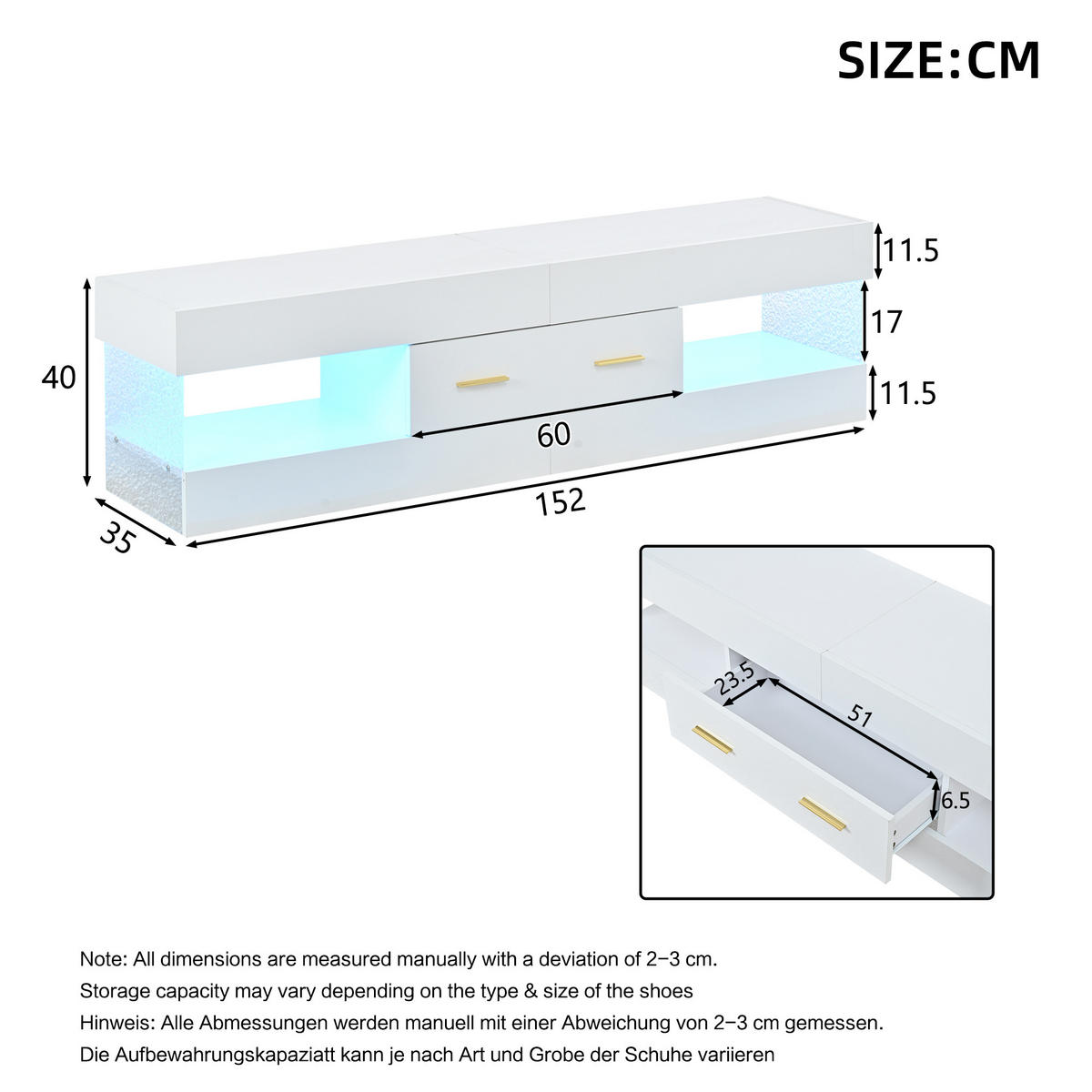 LOWBOARD in Weiß, TV Schrank mit LED, Offenen Stauraum und Schubladen, 152/35/40cm, für Wohnzimmer - Weiß, Holzwerkstoff (152/40/35cm) - STILVORA