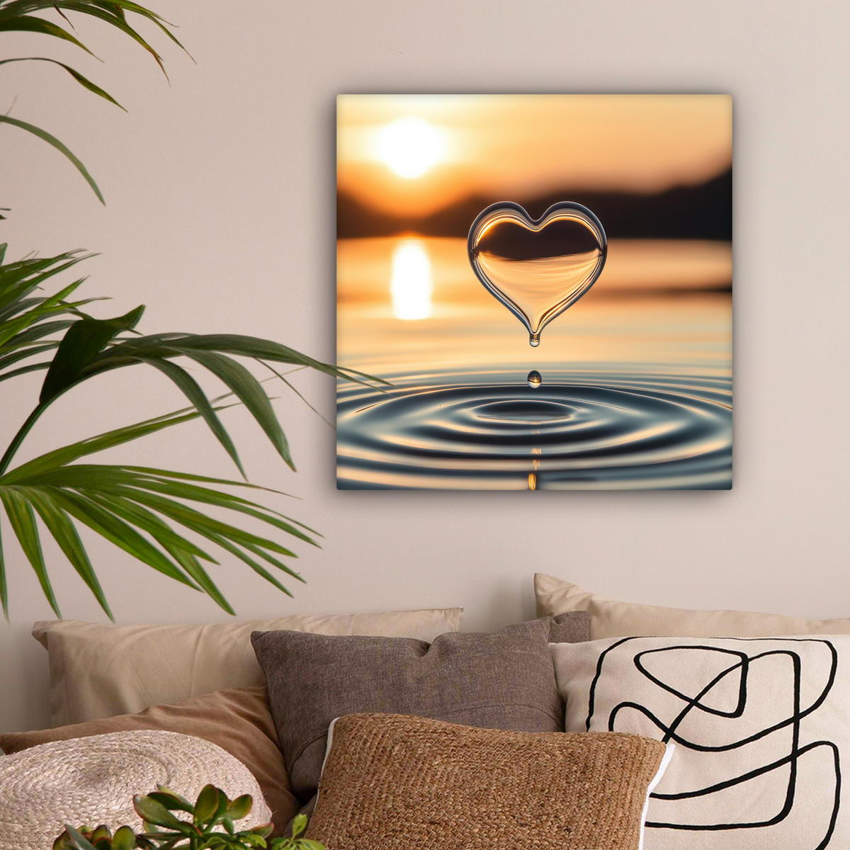 LEINWANDBILD - Herz - Wasser - Sonnenuntergang - Natur - Zen - 50x50 - Room Decor - Bernsteinfarben, Textil (50/50cm) - MuchoWow