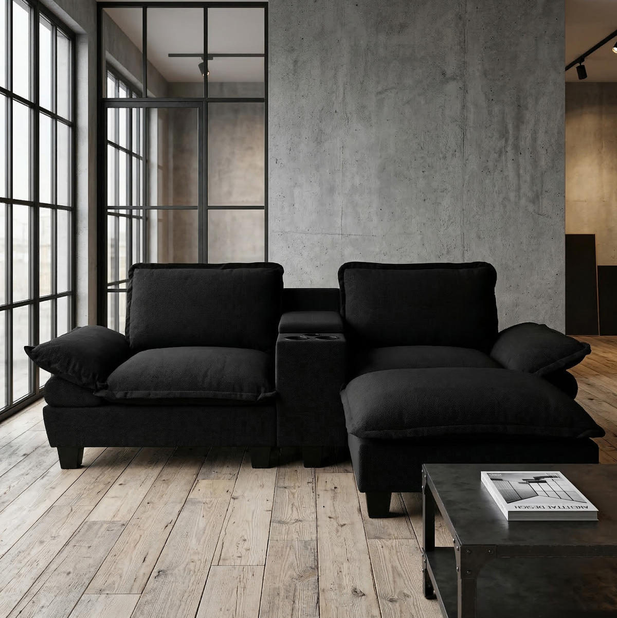 ECKSOFA 224/151/90 cm schwarz aus Chenille mit USB und Stauraum - Schwarz, Textil (151/224cm) - OKWISH