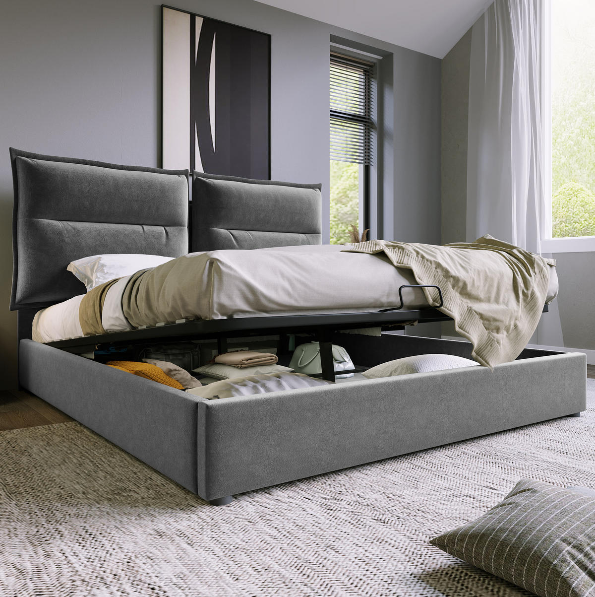 BETT mit Bettkasten und verstellbarem Kopfteil 140x200 cm Samt Grau - Grau, Metall (140/200cm) - Meubliv