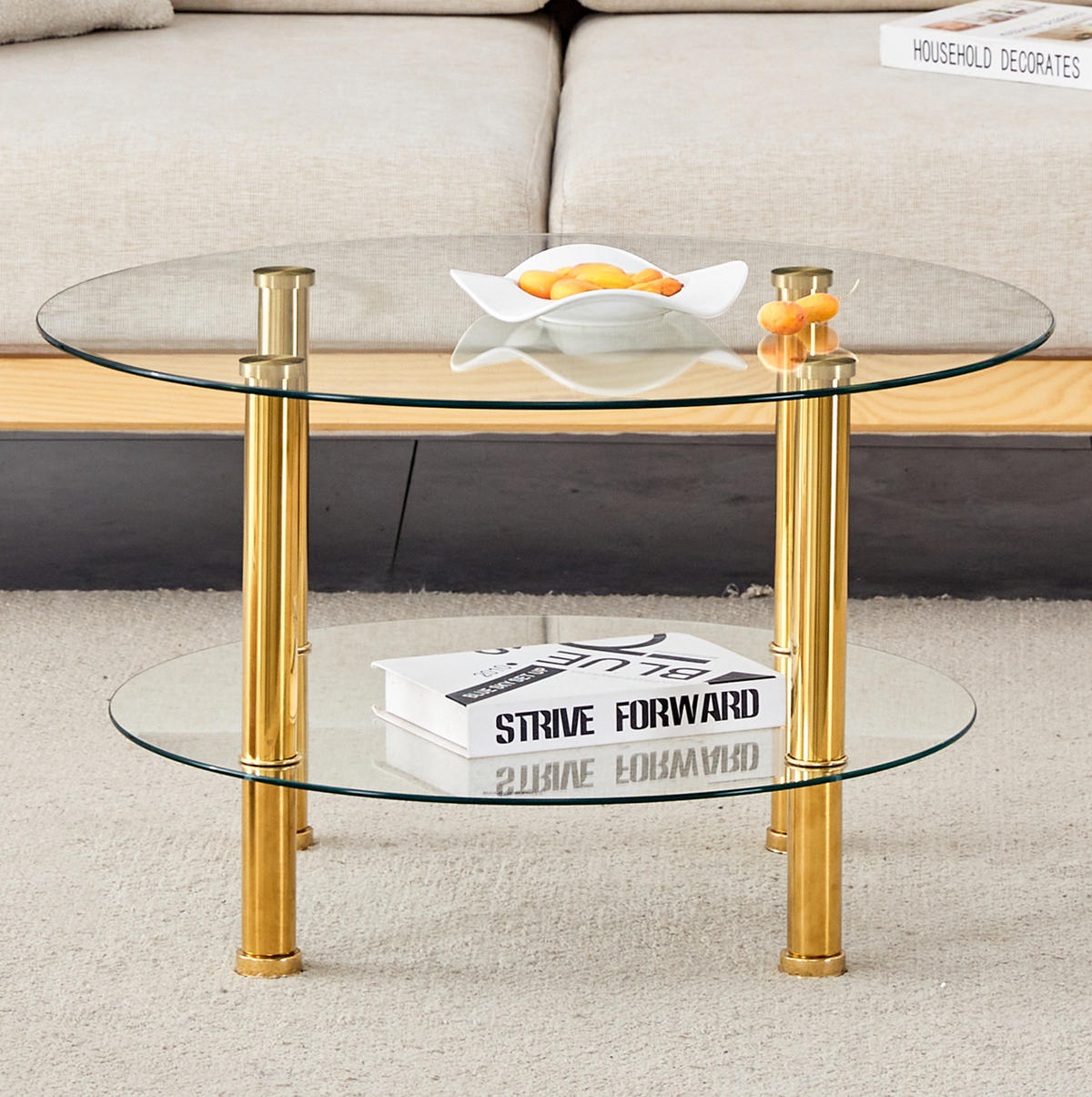 KONFERENČNÍ stolek 70/70/42 cm zlatá transparentní ze skla a kovu se 2 deskami - zlatá, sklo (70/70/42cm) - OKWISH