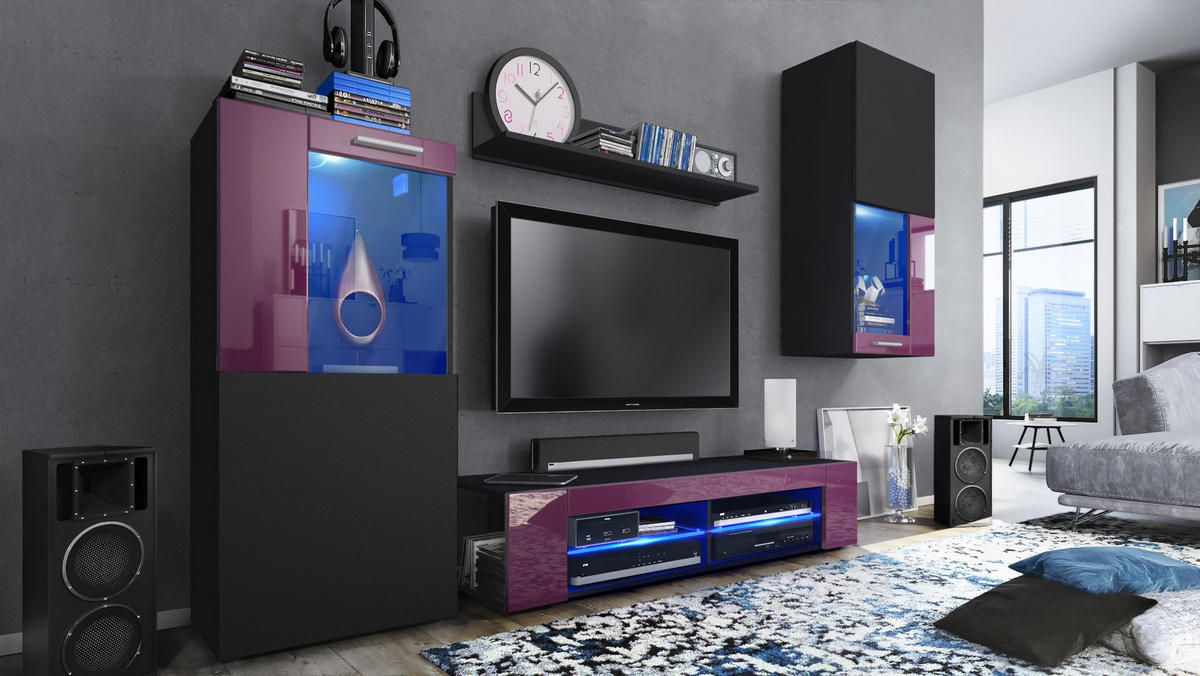 WOHNWAND Movie Absetzungen in Brombeer Hochglanz - Brombeere, Holzwerkstoff (300/190/39cm) - Vladon