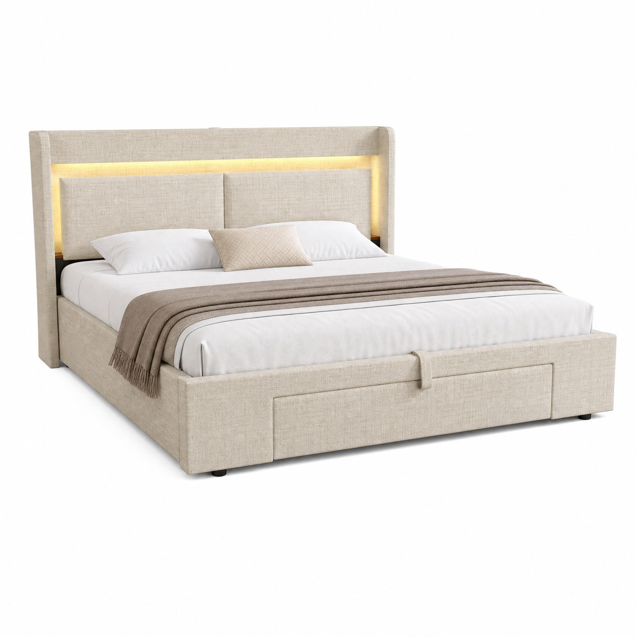 BETT mit Stauraum und LED 140x200 cm Beige mit Matratze - Beige, Metall (140/200cm) - Meubliv