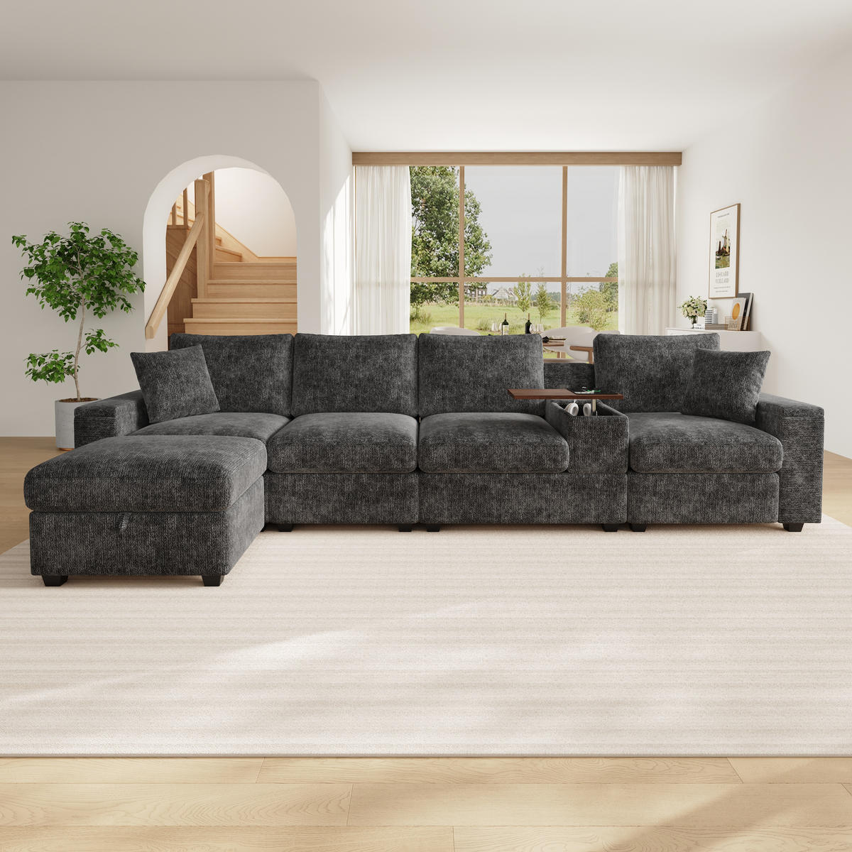 ECKSOFA 313/147/82 cm Grau mit Stauraum, USB-/Typ-C, Getränkehaltern und 360° drehbarem Couchtisch - Grau, Textil (313/147cm) - Oxeza