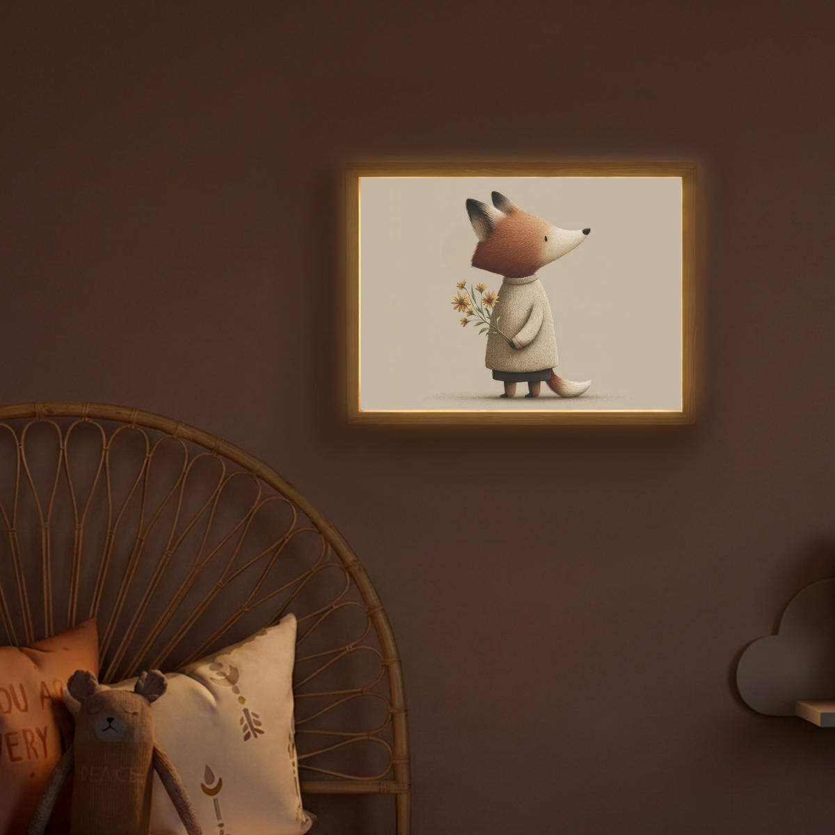 DOBÍJECÍ NOČNÍ LAMPIČKA Liška - Žluté květy - Minimalistický 40x30 cm - šedohnědá, kompozitní dřevo (8/40/30cm) - OnlyWow
